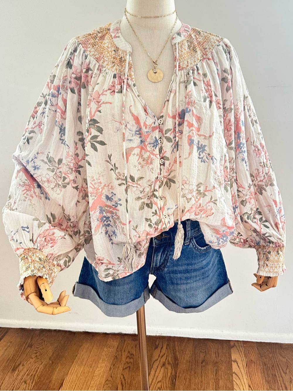 Anthropologie Floral Smocked Peasant Blouse Romantic Boho Top Pink Blue White M